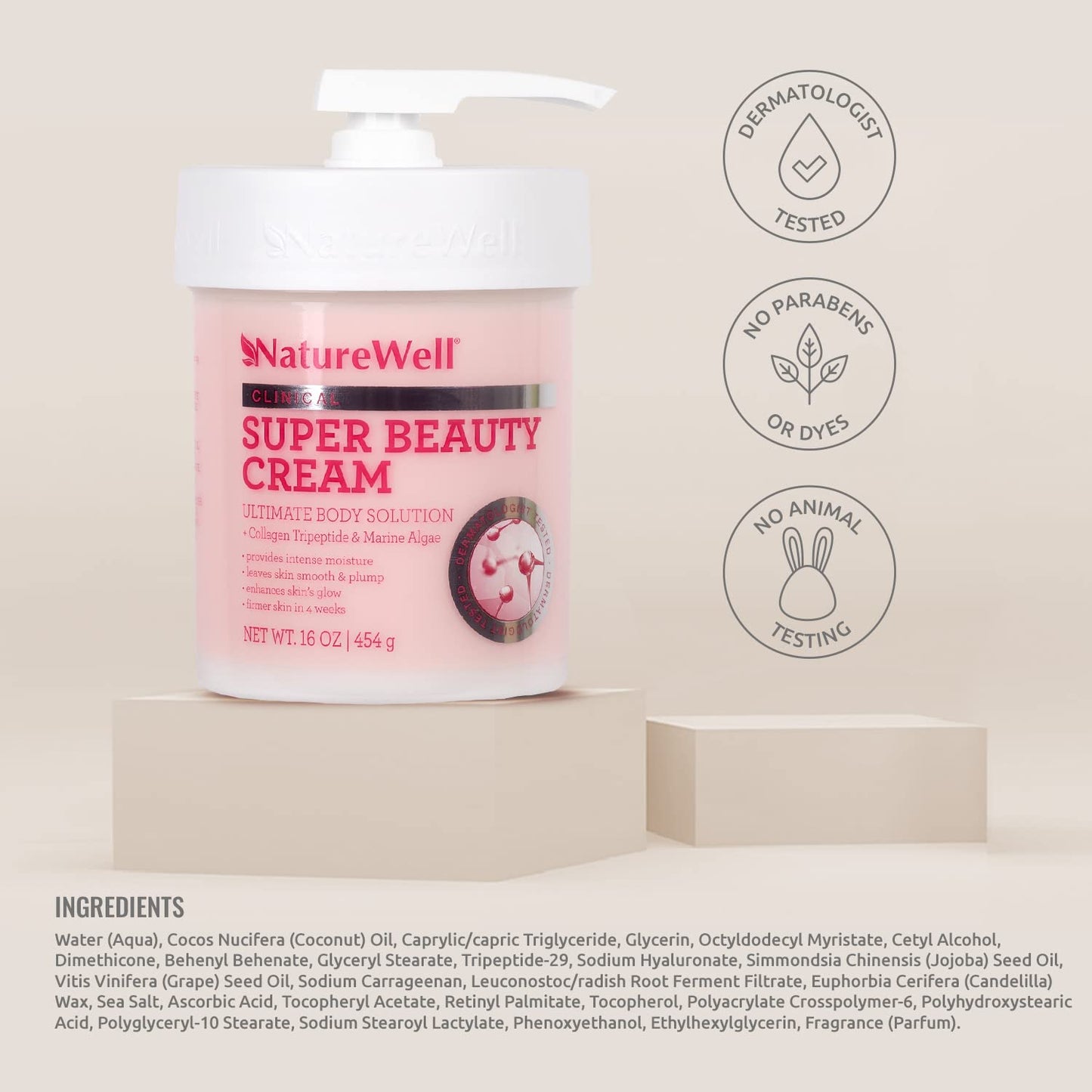 NATUREWELL Clinical Super Beauty Cream for Face, Body, & Hands, Ultimate Beauty Solution Featuring Collagen Tripeptide & Marine Algae, Enhances Skin�s Glow, Leaves Skin Smooth & Plump, Provides Intense Moisture, 16 Oz