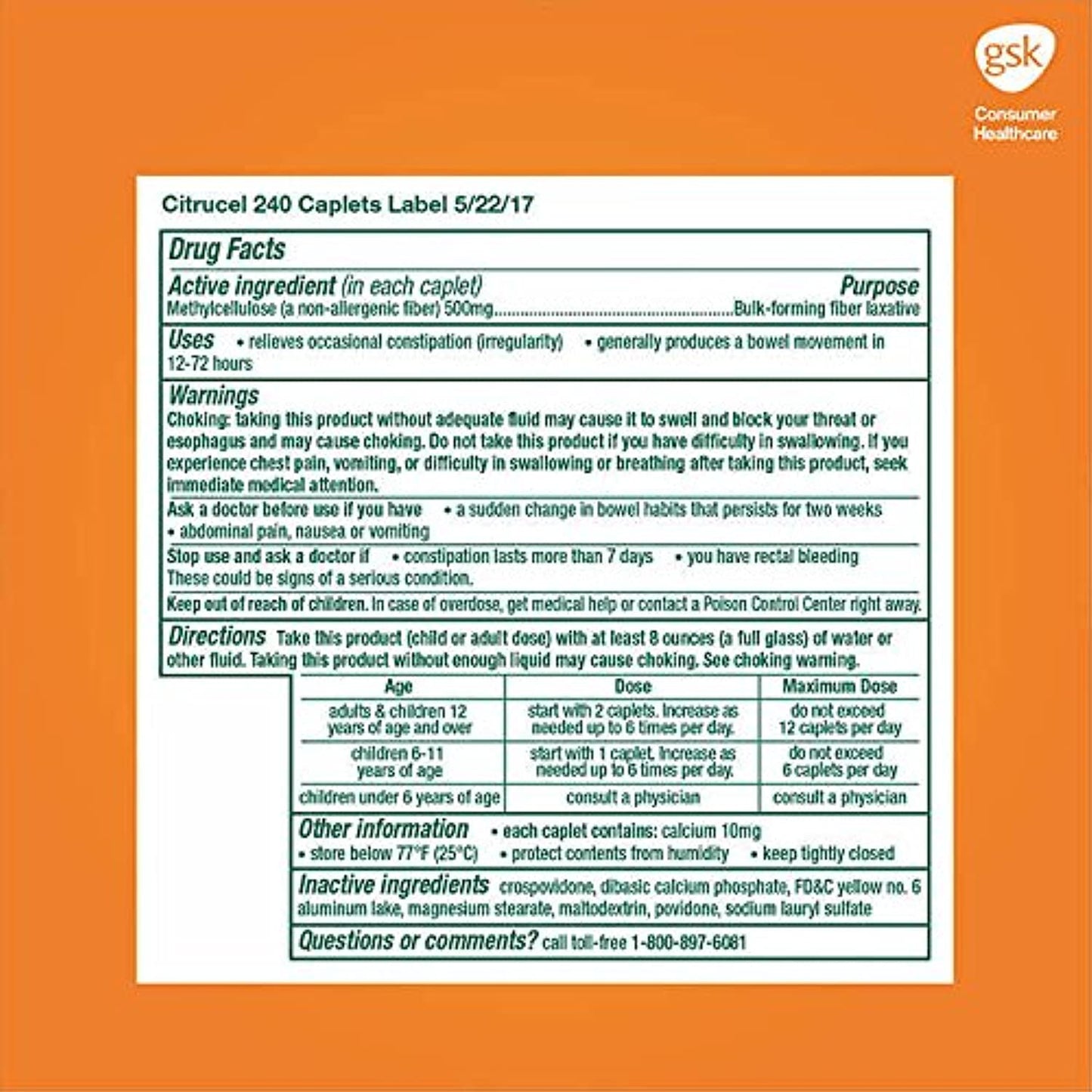 Citrucel w/SmartFiber Methylcellulose Fiber Therapy Caplets, 1Pack (240-Count Each) Qkelsf