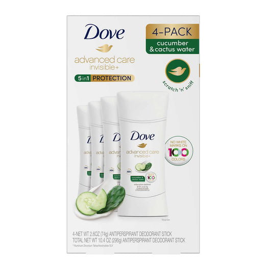 Dove Advanced Care Invisible+ Antiperspirant Deodorant Stick, Cucumber and Cactus Water, 2.6 oz, 4 ct
