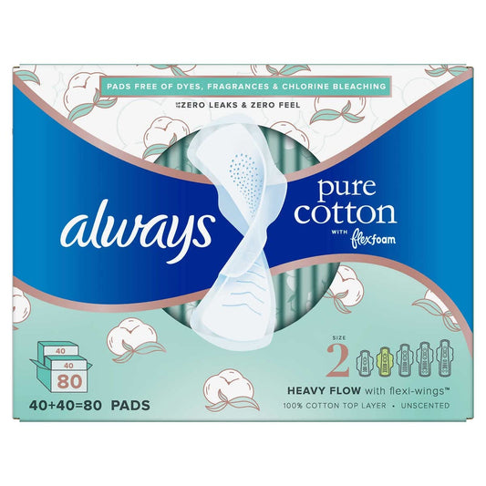 Always Pure Cotton with FlexFoam Pads for Women Size 2 Heavy Flow Absorbency, with Wings, 40 Count (Pack of 2, 80 Total Count)