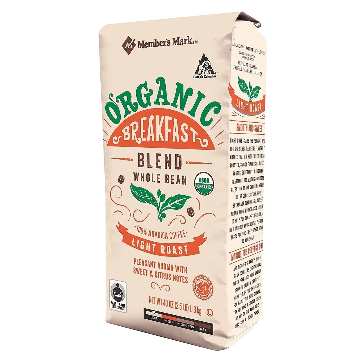 Member's Mark Organic Breakfast Blend Whole Bean Coffee (40 Ounce)