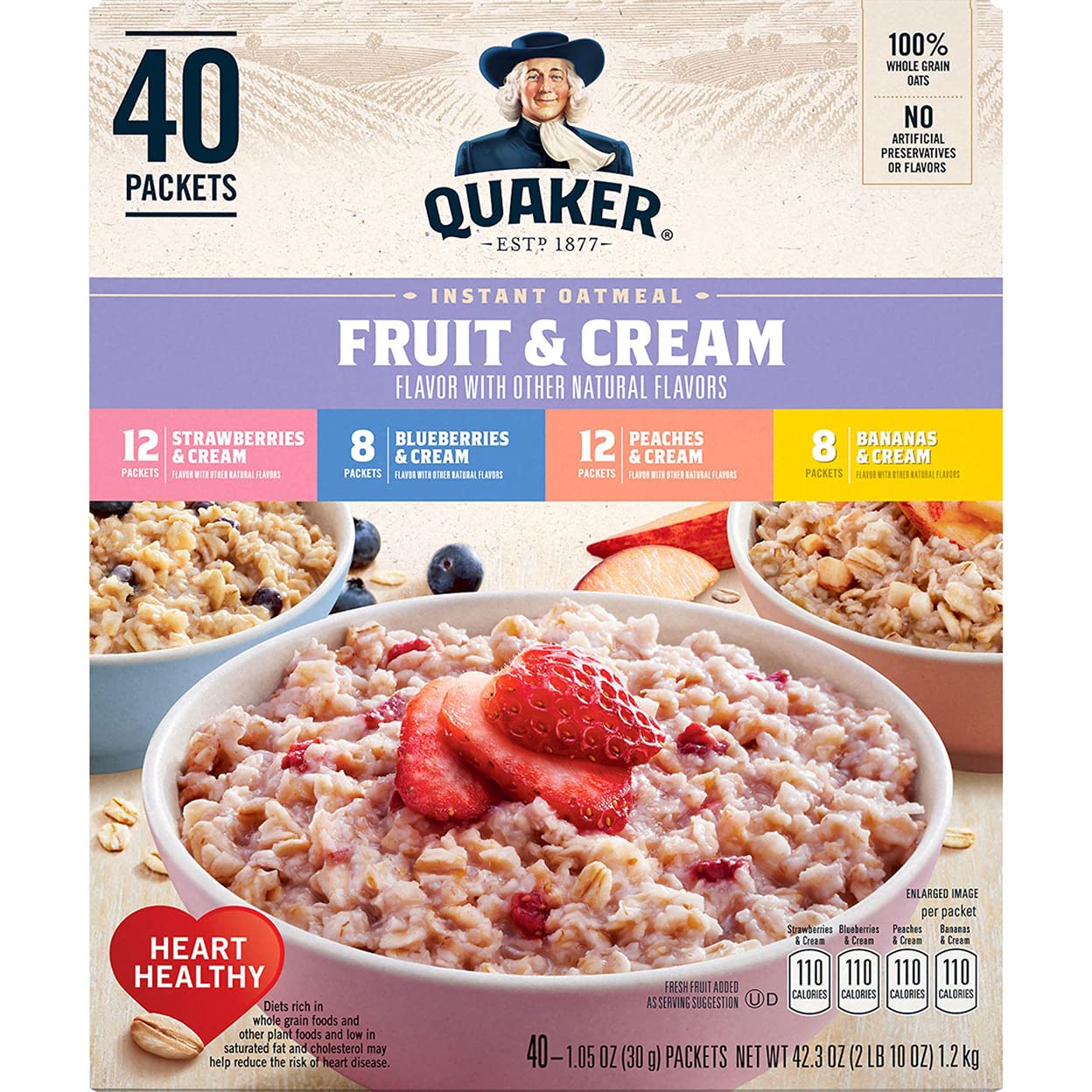 Quaker Instant Oatmeal Fruit & Cream, Variety Pack (40 Pk.) Net Wt 42.3 Oz