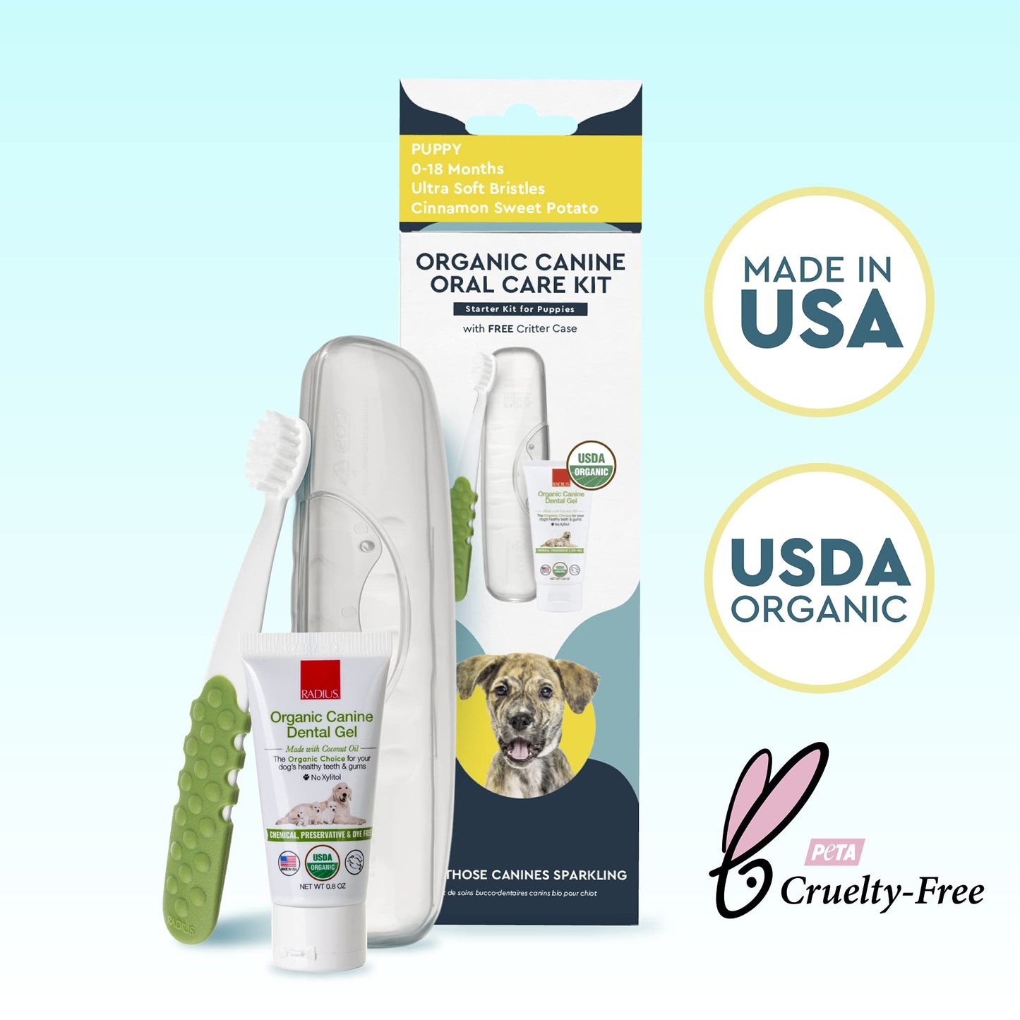 RADIUS USDA Organic Dental Solutions Puppy Kit 1 Unit, 1 Dog Toothbrush & 1 0.8oz Toothpaste, Ultra Soft Bristle & Non Toxic Toothpaste for Dogs, Designed to Clean Teeth, Xylitol Free