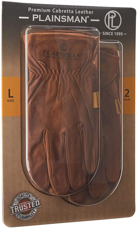 Plainsman Premium Cabretta Brown Leather Gloves, 2 Pairs, Large