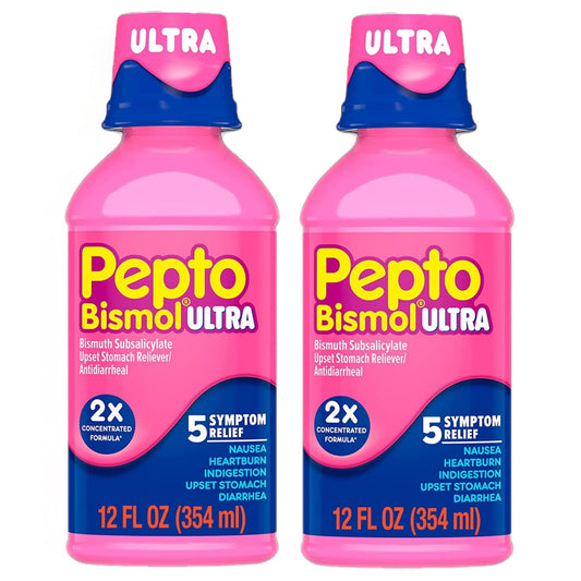 PEPTO Bismol Ultra Liquid for Upset Stomach, 5 Symptom Relief, Original, 12 oz (Pack of 2)
