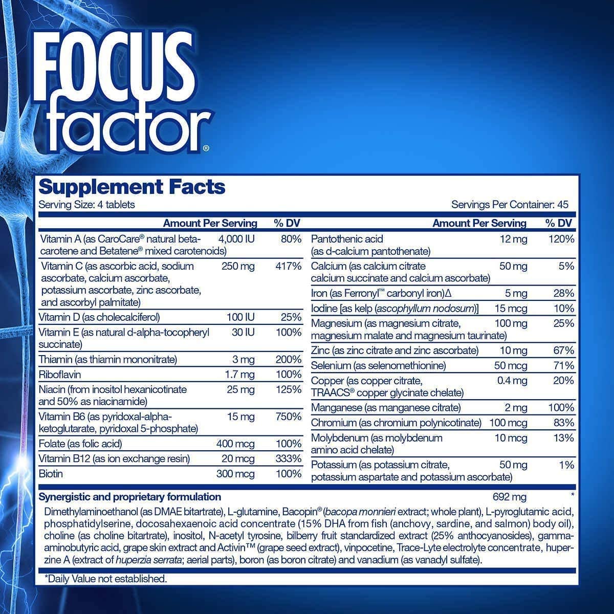 Focus Factor Brain Supplement Multivitamin Improve Memory and Clarity Boost Concentration Neuro Energy Learning Reasoning for Men and Women 180 Tablets