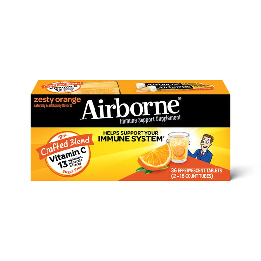 Airborne 1000mg Vitamin C with Zinc Effervescent Tablets, Immune Support Supplement with Powerful Antioxidants Vitamins A C & E - 36 Fizzy Drink Tablets, Zesty Orange Flavor