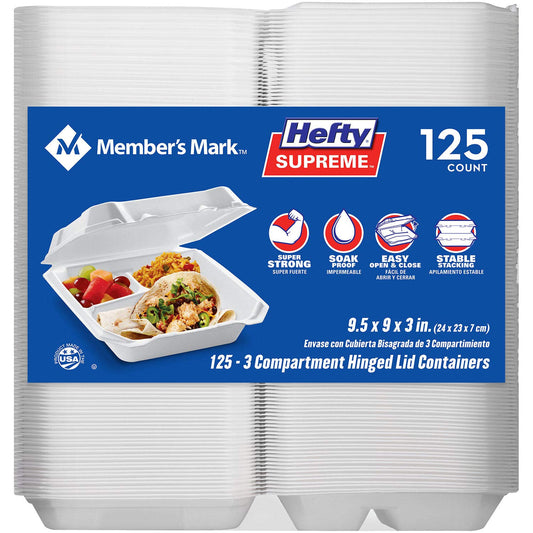 Member's Mark Hefty Three-Compartment Hinged Lid Containers (125 ct.) (pack of 2)