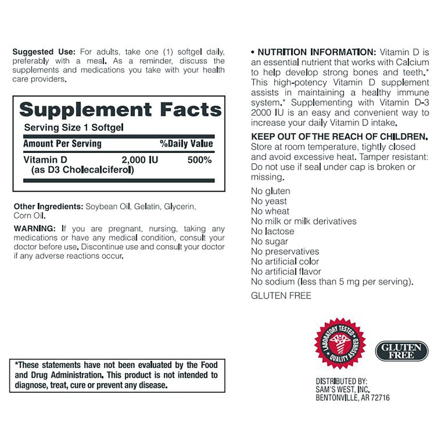 Member's Mark Vitamin D-3 2000 IU, 400 Softgels Dietary Supplement