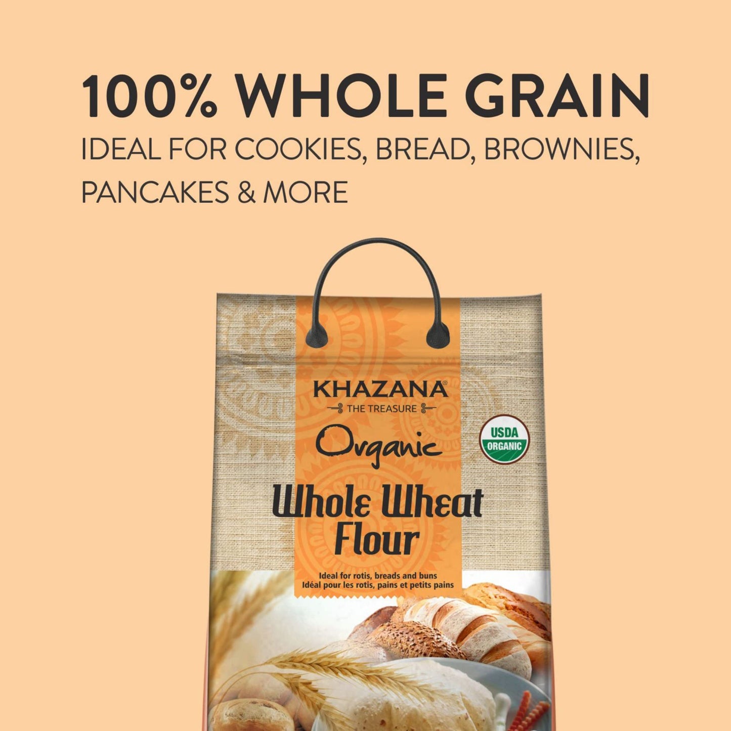 Khazana ORGANIC Whole Wheat Flour 20lb | Non-GMO & Kosher | Ideal For Baking Rolls, Breads, and Buns