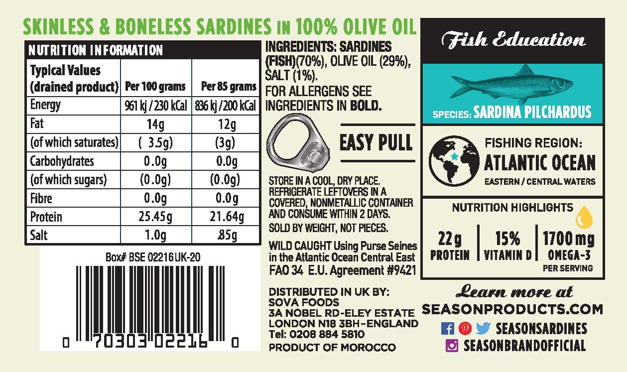 Season Sardines in Olive Oil - Sardines in Olive Oil Wild Caught, Canned Sardines, Omega-3 Fatty Acids, Salt Added, Skinless & Bonless, Sustainable Fresh Fish - 4.375 oz Tin, 6-Pack