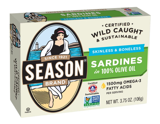Season Sardines| Skinless & Boneless, Gluten Free, Keto, Paleo, Kosher, Omega-3 Fatty Acids, Sugar Free, Salt Added | Wild Caught & Sustainable Fresh Fish (100% Olive Oil, 12 Pack)
