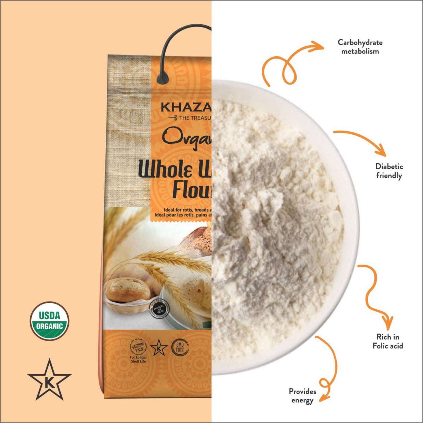 Khazana ORGANIC Whole Wheat Flour 20lb | Non-GMO & Kosher | Ideal For Baking Rolls, Breads, and Buns