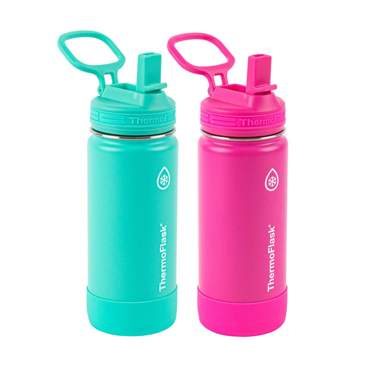 ThermoFlask Stainless Steel KIDS Bottles with Straw Lid ,BPA-free, 16 Ounces, 2 Count (Aquamarine/Storm Pink)