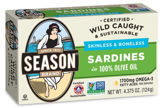 Season Sardines in Olive Oil - Sardines in Olive Oil Wild Caught, Canned Sardines, Omega-3 Fatty Acids, Salt Added, Skinless & Boneless, Sustainable Fresh Fish - 4.375 oz Tin, 12-Pack