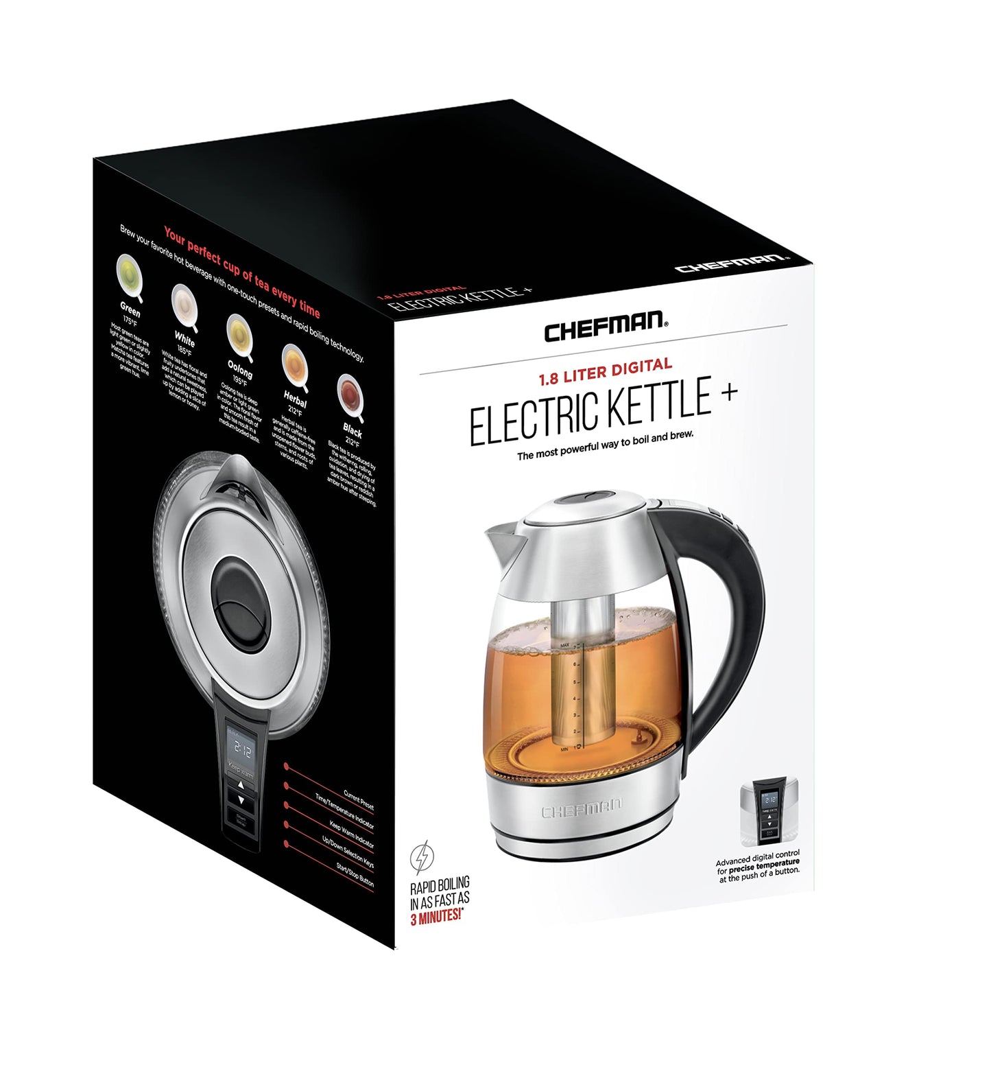 Chefman 1.8L Digital Electric Glass Kettle+ w/ Rapid-Boiling & 7 Presets for Precise Temperature, Stainless Steel Tea Infuser Included, Advanced Digital Control