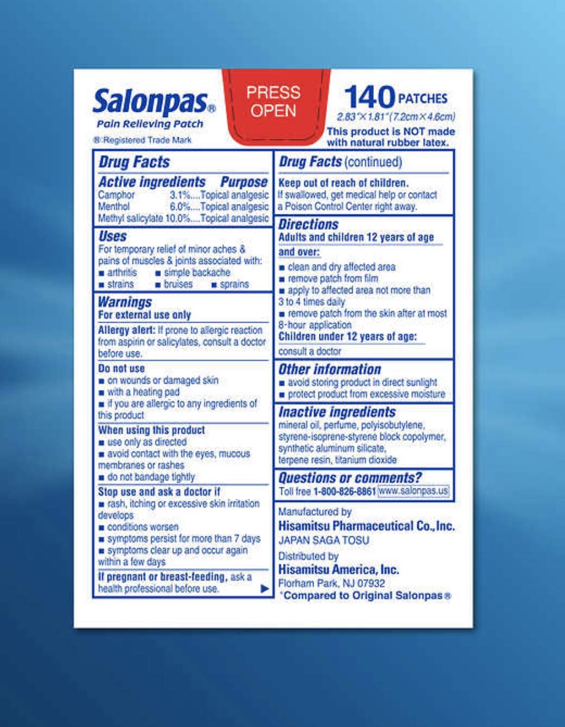 Salonpas Pain Relieving Patches, Pain Relieving Patch for Back Pain, Neck Pain, Shoulder Pain, Knee Pain, Muscle Soreness & Pain, Joint Pain, Up to 8 Hours of Pain Relief, 140 Count