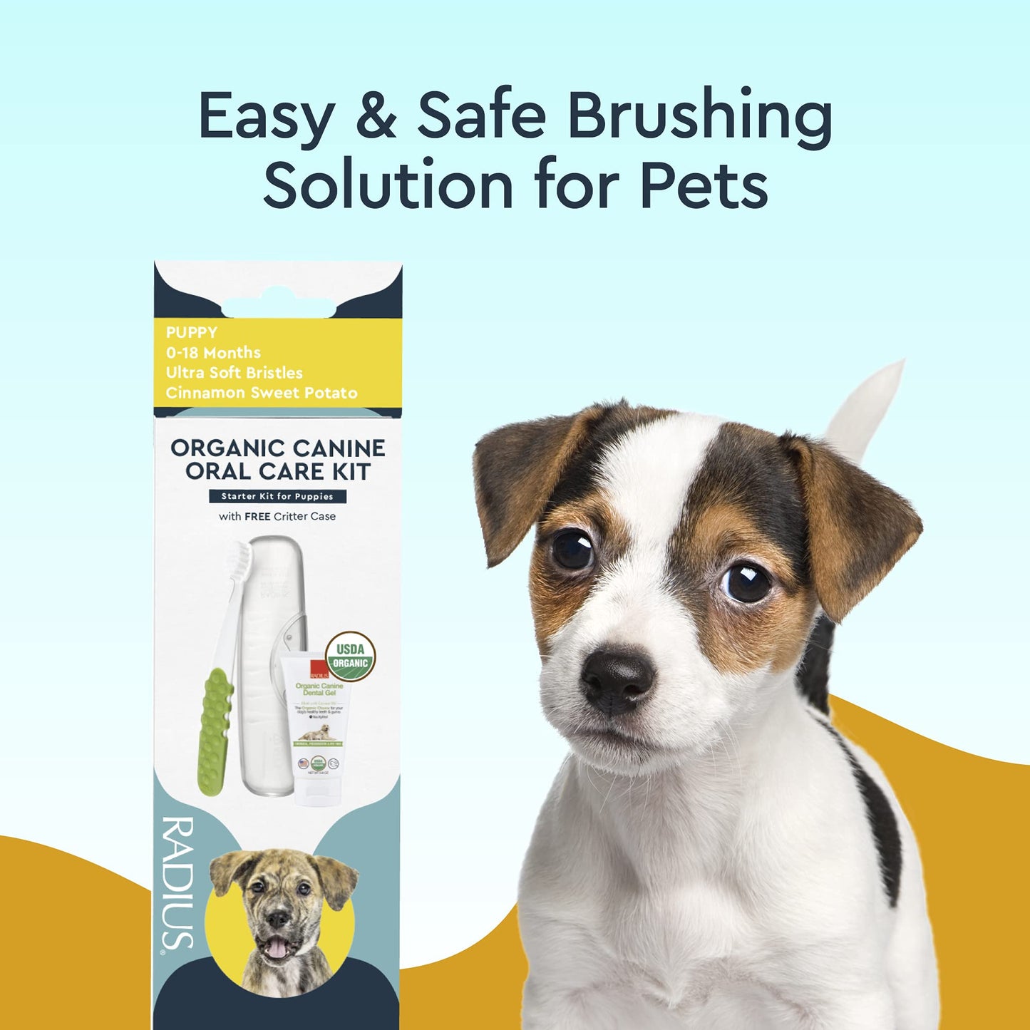 RADIUS USDA Organic Dental Solutions Puppy Kit 1 Unit, 1 Dog Toothbrush & 1 0.8oz Toothpaste, Ultra Soft Bristle & Non Toxic Toothpaste for Dogs, Designed to Clean Teeth, Xylitol Free