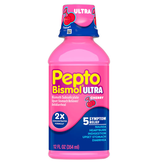 Pepto Bismol Ultra Liquid, 2X Concentrated Formula, Upset Stomach Relief, Bismuth Subsalicylate, Multi-Symptom Gas, Nausea, Heartburn, Indigestion, Diarrhea Relief, Cherry, 12 OZ Liquid (3 Pack)