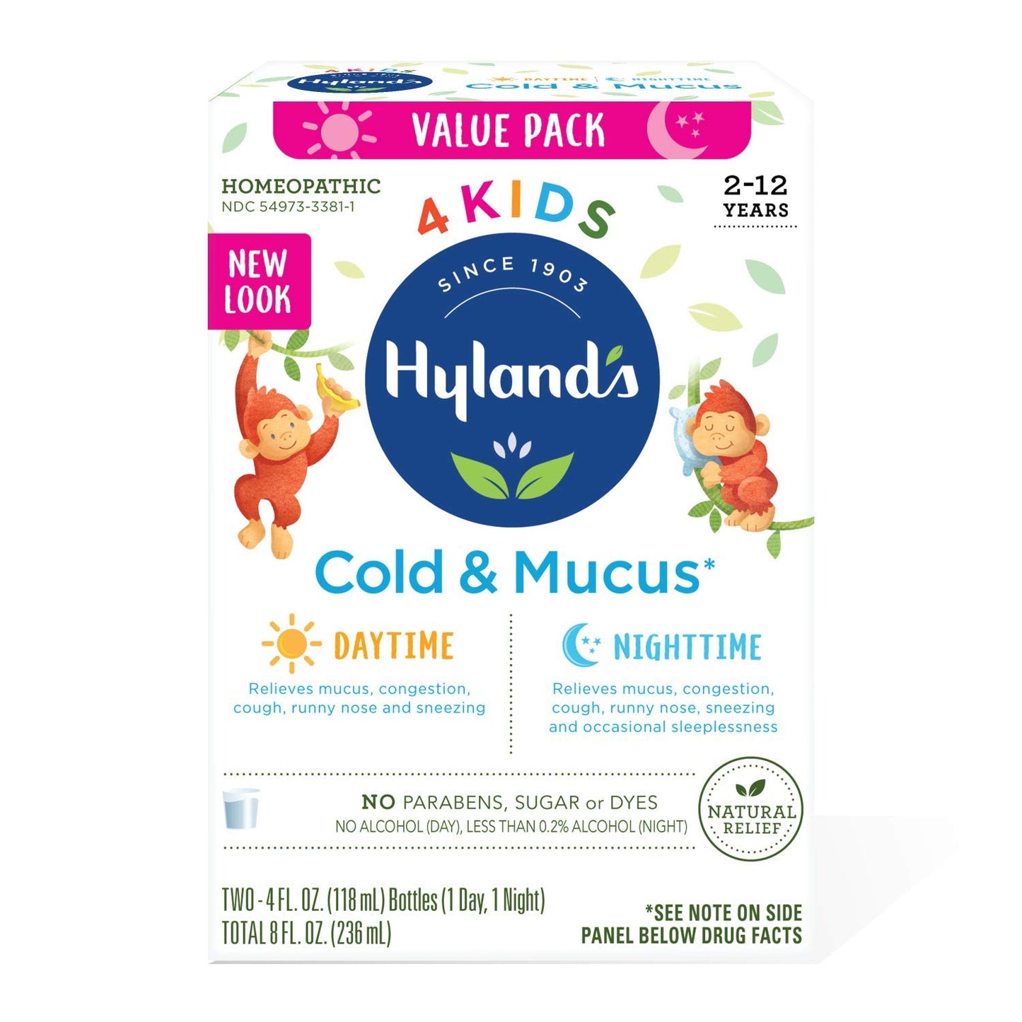 Kids Cold Medicine and Mucus Relief for Ages 2+, Hylands 4 Kids Cold 'n Mucus, Day and Night Value Pack, Syrup Cough Medicine for Kids, Nasal Decongestant and Allergy Relief, 4 Fl Oz (Pack of 2)