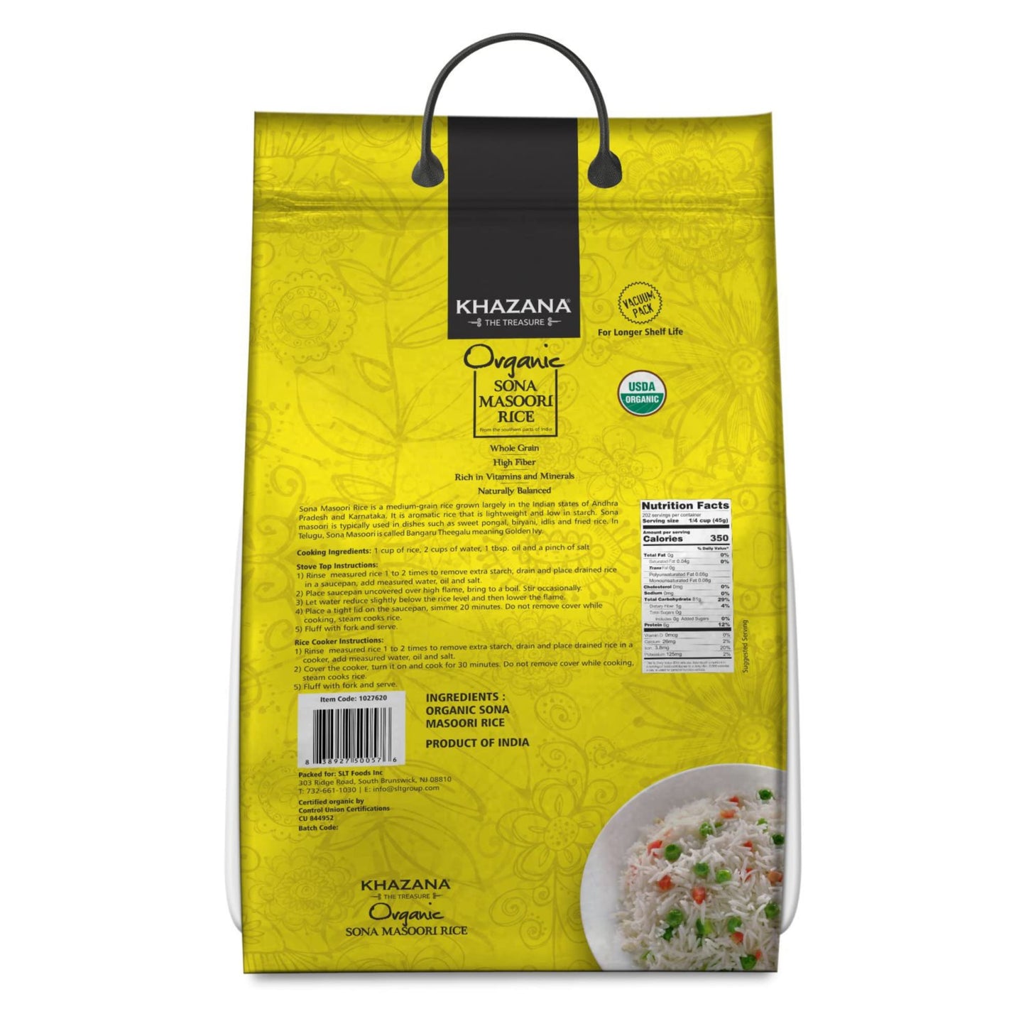 Khazana ORGANIC Sona Masoori Rice 20lb | Non-GMO, Gluten-Free, Kosher, Cholesterol Free | Aged Aromatic, Flavorful, Authentic Grain From India