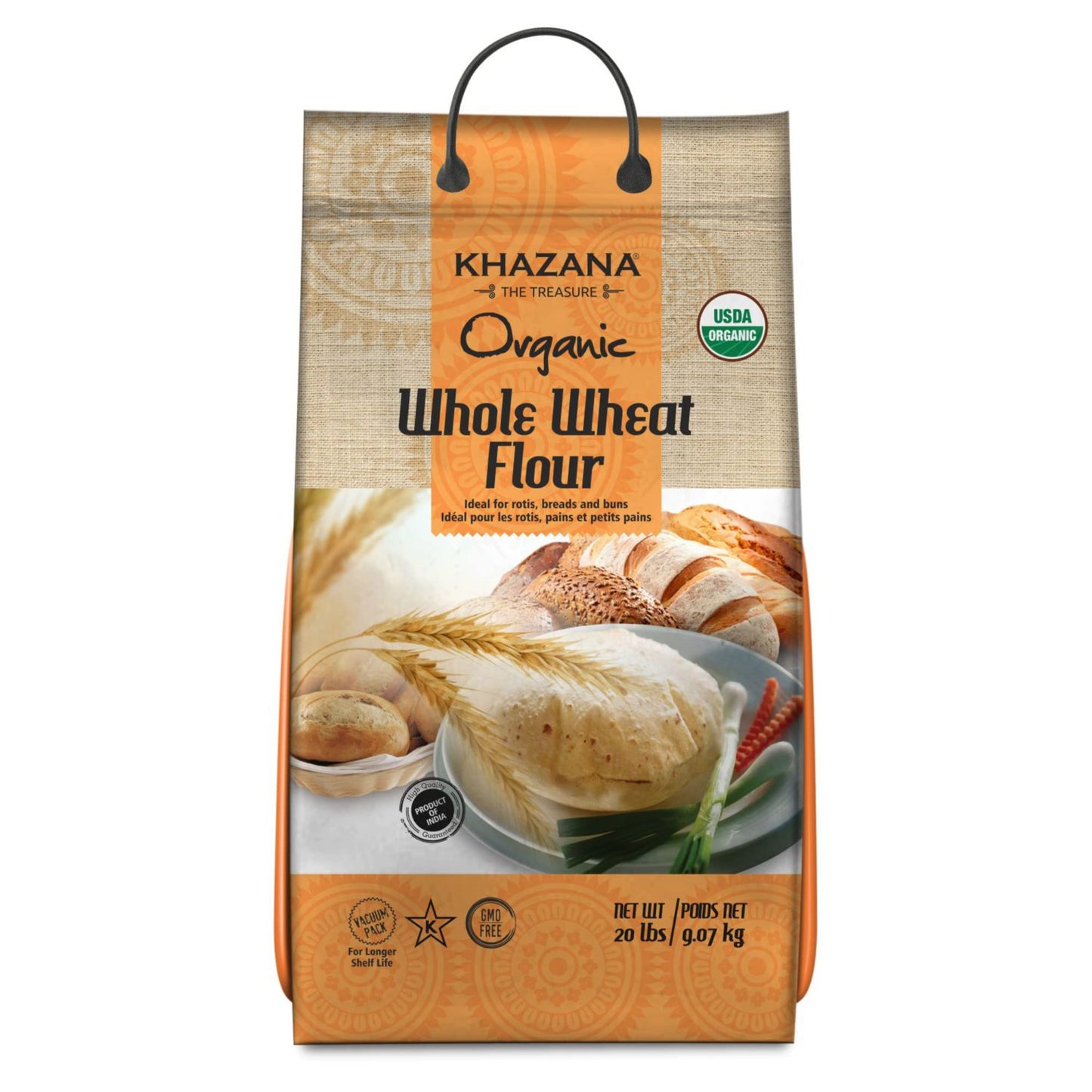 Khazana ORGANIC Whole Wheat Flour 20lb | Non-GMO & Kosher | Ideal For Baking Rolls, Breads, and Buns