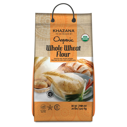 Khazana ORGANIC Whole Wheat Flour 20lb | Non-GMO & Kosher | Ideal For Baking Rolls, Breads, and Buns