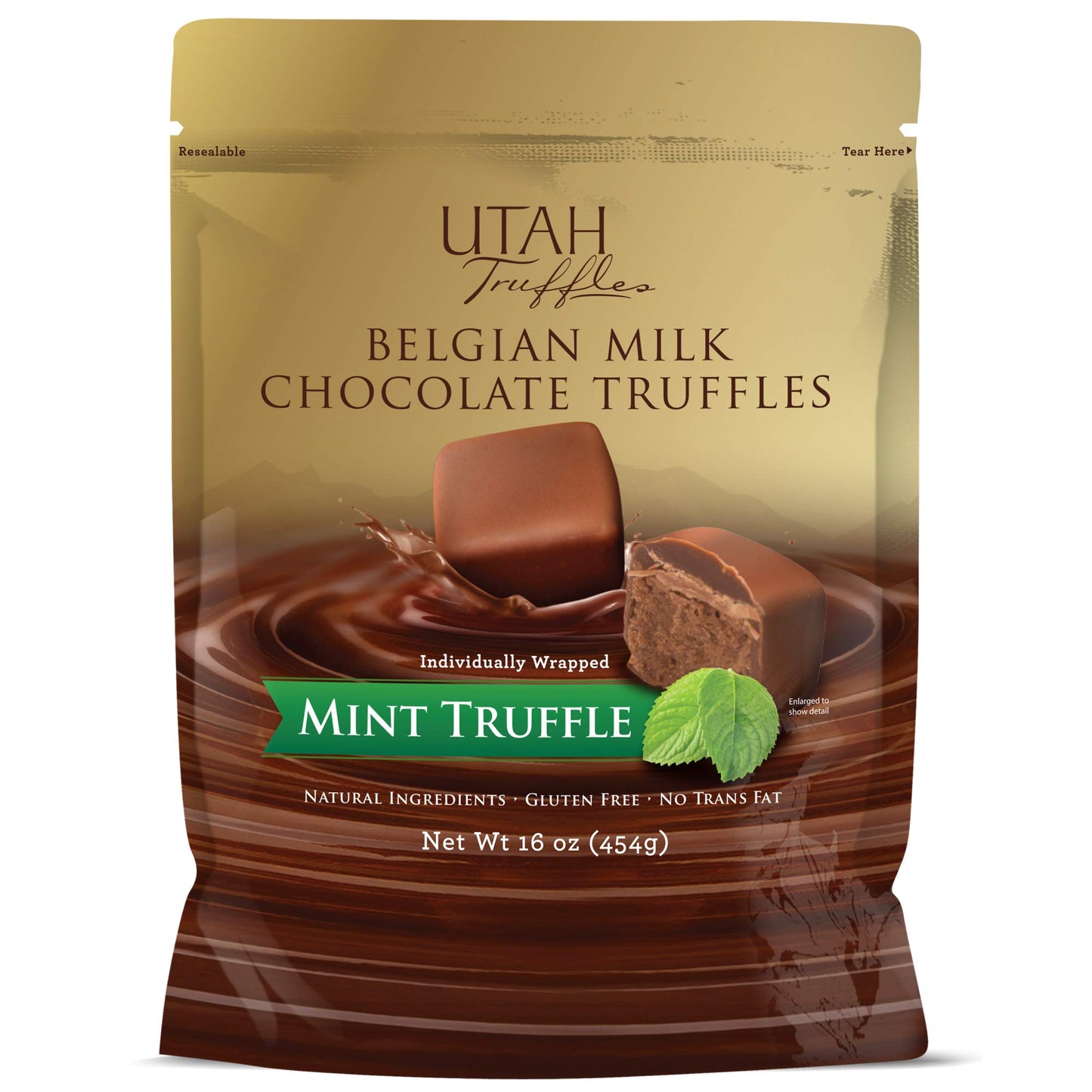 Utah Truffles Belgian Milk Chocolate Mint Individually Wrapped Pouch, Naturally Gluten Free, Gourmet Smooth Creamy Natural Truffle, 16 oz, Approx. 32 pc