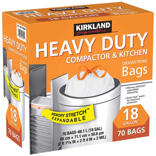 Kirkland Signature Compactor Bags, 18 Gallon, Smart Fit Gripping Drawstring,, White, 1 Pack (70 Count)