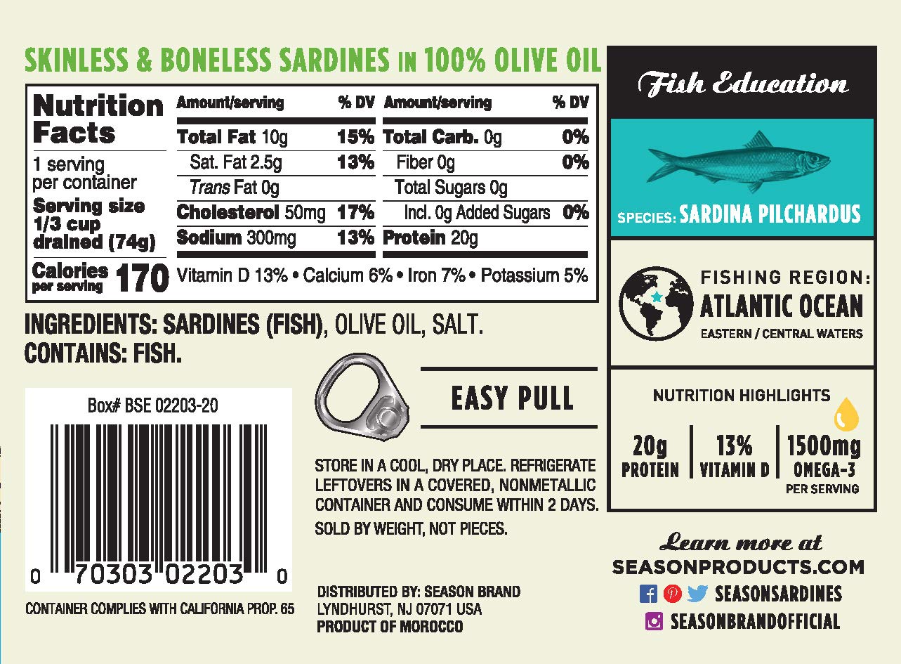 Season's Skinless and Boneless Sardines in Pure Olive Oil. Imported From Morocco 3.75oz (Pack of 12)