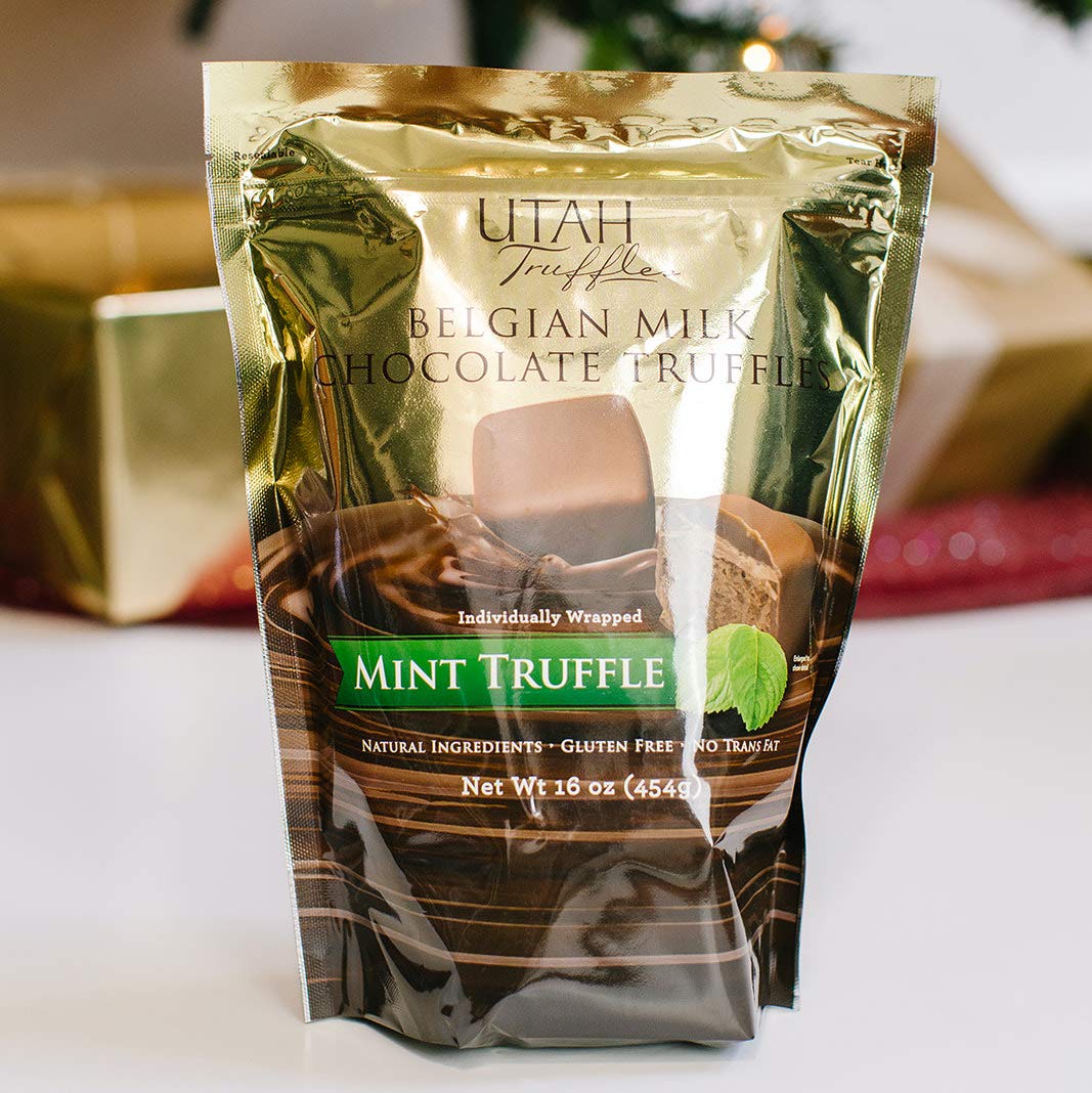 Utah Truffles Belgian Milk Chocolate Mint Individually Wrapped Pouch, Naturally Gluten Free, Gourmet Smooth Creamy Natural Truffle, 16 oz, Approx. 32 pc