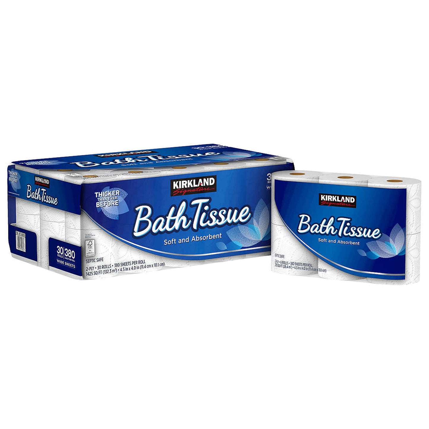 Kirkland Signature Ultra Soft Bath 2-Ply Tissue 4.5" x 4.0", 30 Rolls (380 Sheets per Roll)