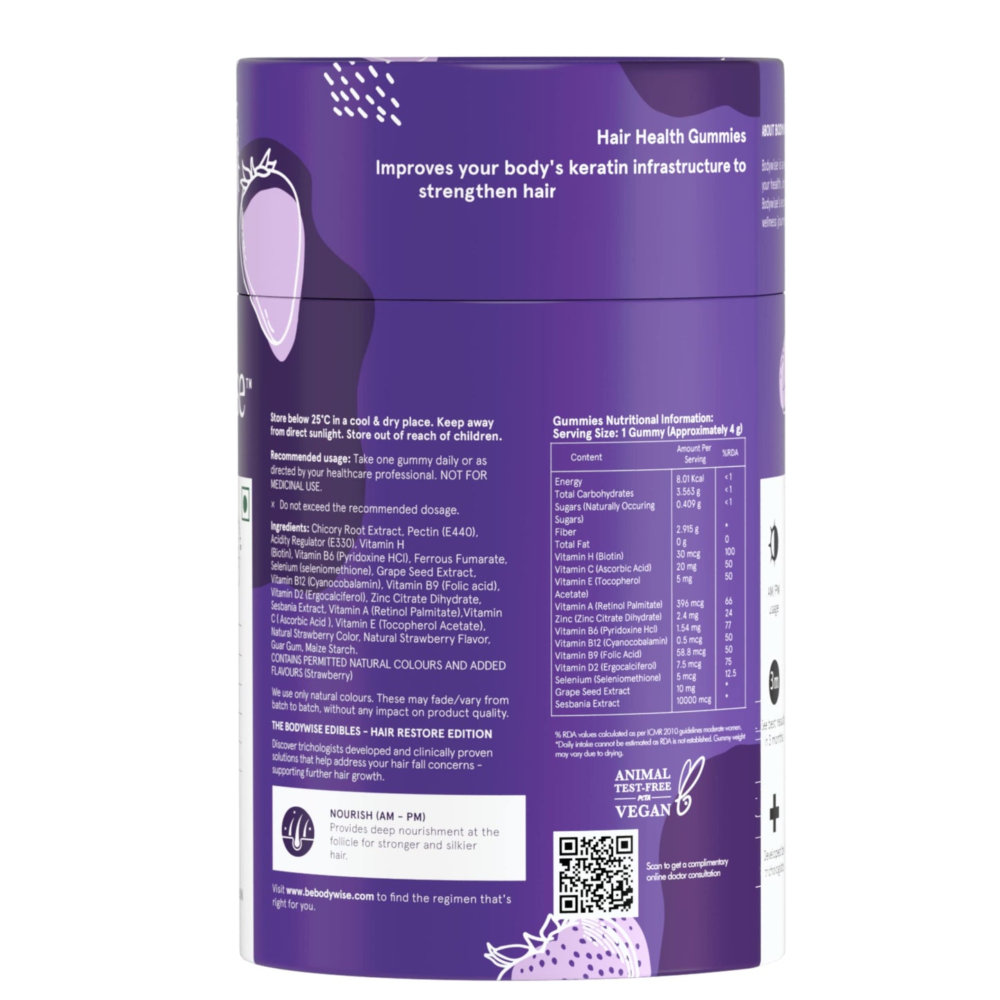 Bodywise Biotin Hair Gummies | Individually Wrapped | Biotin 10000mcg Supplement | Formulated for Women | Vegan, No Added Sugar | 1 Month Pack