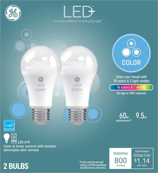 GE LED+ Color Changing Light Bulbs, 18 Colors & 5 Light Modes, No App or Wi-Fi Required, Remote Included, A19 Light Bulb (2 Pack)
