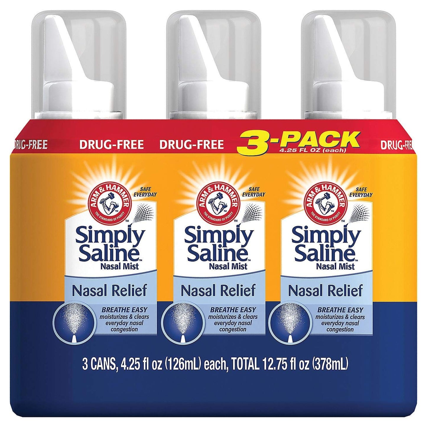Arm & Hammer Simply Saline Adult Nasal Mist, Original, Giant Size, Special Multisize of 3 Pack (4.25 Oz Each)