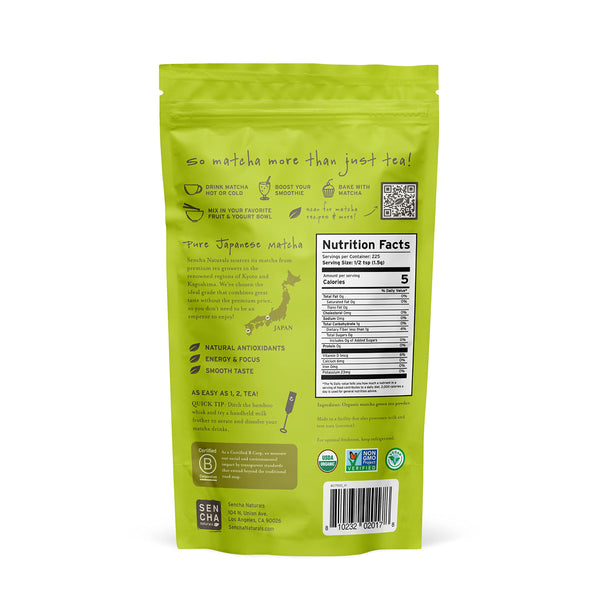 SEN CHA Naturals Organic Everyday Matcha Powder, Authentic Japanese Matcha Green Tea Powder, Premium First & Second Harvest Culinary Grade Organic Matcha Tea, Lattes & Baking, 12oz Bag (1 Pack) alternate view