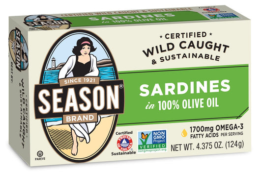 Season Sardines in Olive Oil | Gluten Free, Keto, Paleo, Kosher, Non-GMO, Omega-3 Fatty Acids, Sugar Free, Salt Added | Certified Wild Caught & Sustainable Fresh Fish | 4.375 oz (Pack of 12)