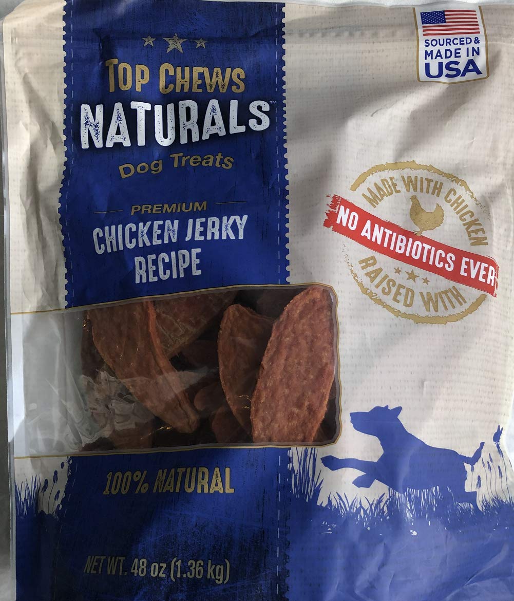 Title - Top Chews 100% Natural Dog Treats Chicken Jerky Recipe 48 OZ (3 LB), Model Number: chicken food