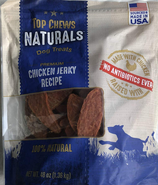 Title - Top Chews 100% Natural Dog Treats Chicken Jerky Recipe 48 OZ (3 LB), Model Number: chicken food