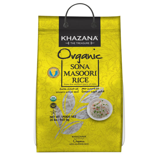 Khazana ORGANIC Sona Masoori Rice 20lb | Non-GMO, Gluten-Free, Kosher, Cholesterol Free | Aged Aromatic, Flavorful, Authentic Grain From India