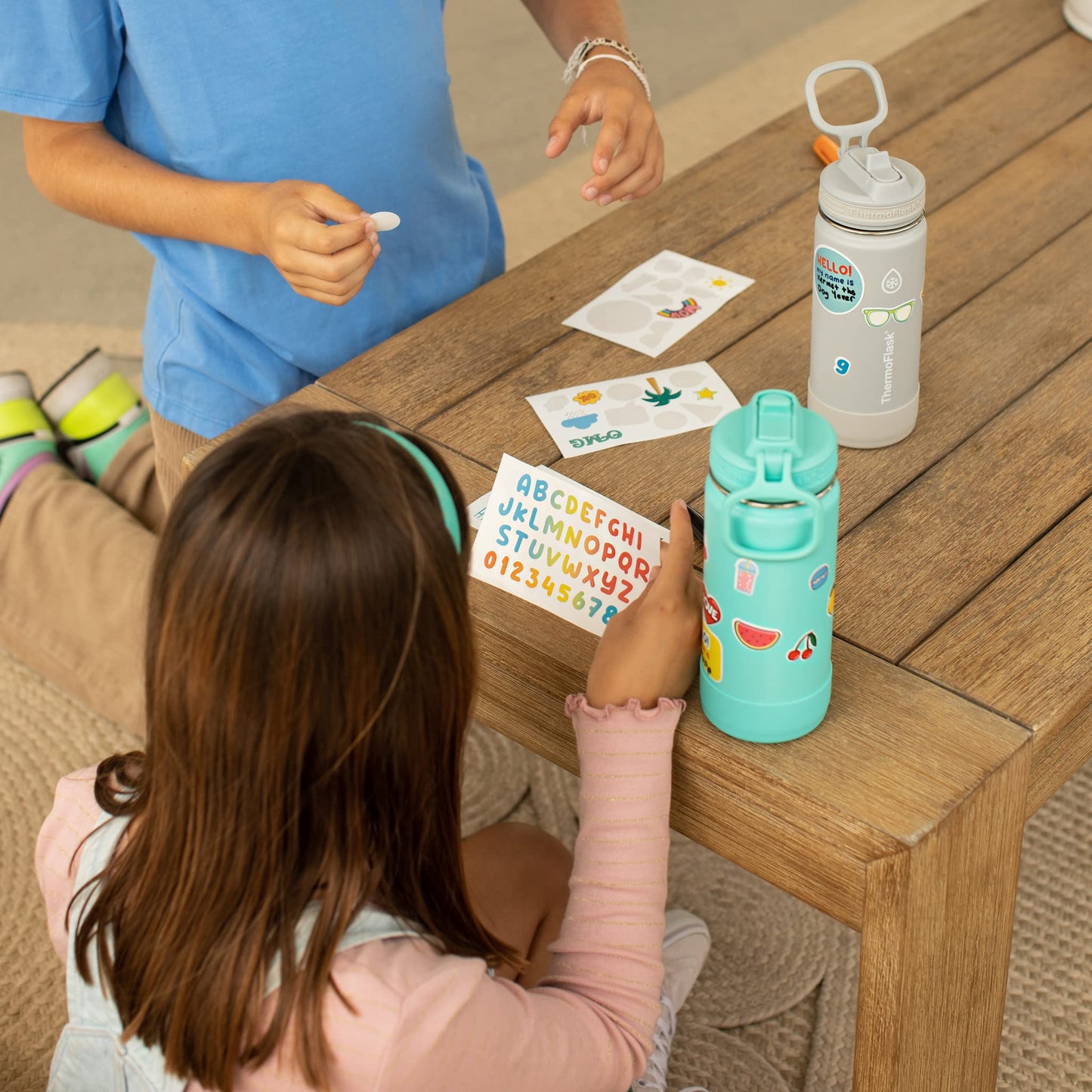 ThermoFlask Double Wall Vacuum Insulated Stainless Steel Kids Water Bottle with Straw Lid, 16 Ounce, 2-Pack, Blueberry/Wolf Grey