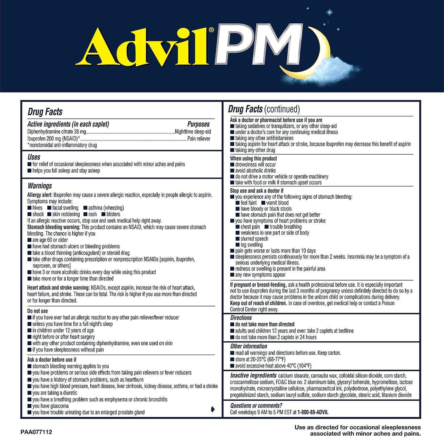 Advil PM Pain Reliever/Nighttime Sleep Aid, Ibuprofen and Diphenhydramine (1 Pack ,200 Coated Caplets)