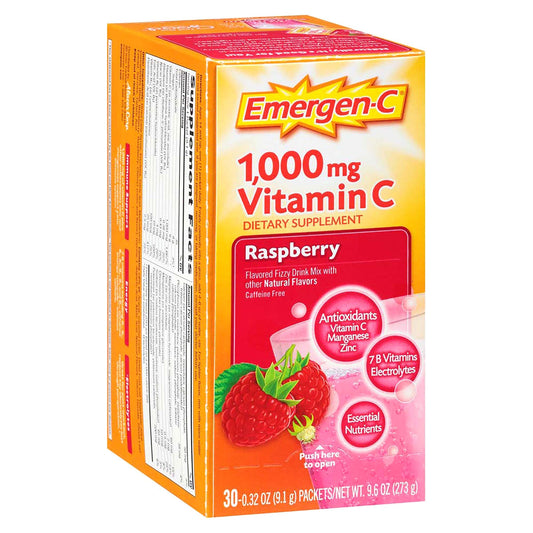 Emergen-C (30 Count, Raspberry Flavor, 1 Month Supply) Dietary Supplement Fizzy Drink Mix with 1000mg Vitamin C, 0.32 Ounce Packets, Caffeine Free