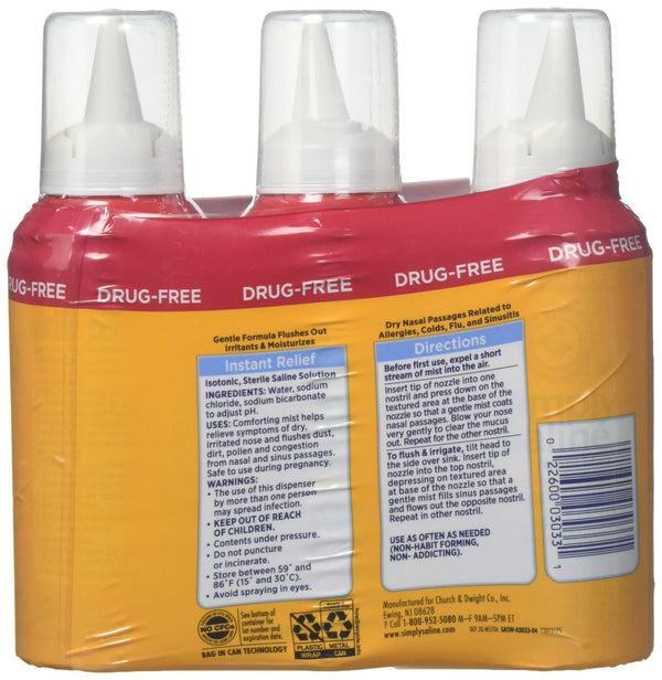 Arm & Hammer Simply Saline Nasal Relief Mist Spray- Giant Size - 4.5 Ounce (Pack of 3)