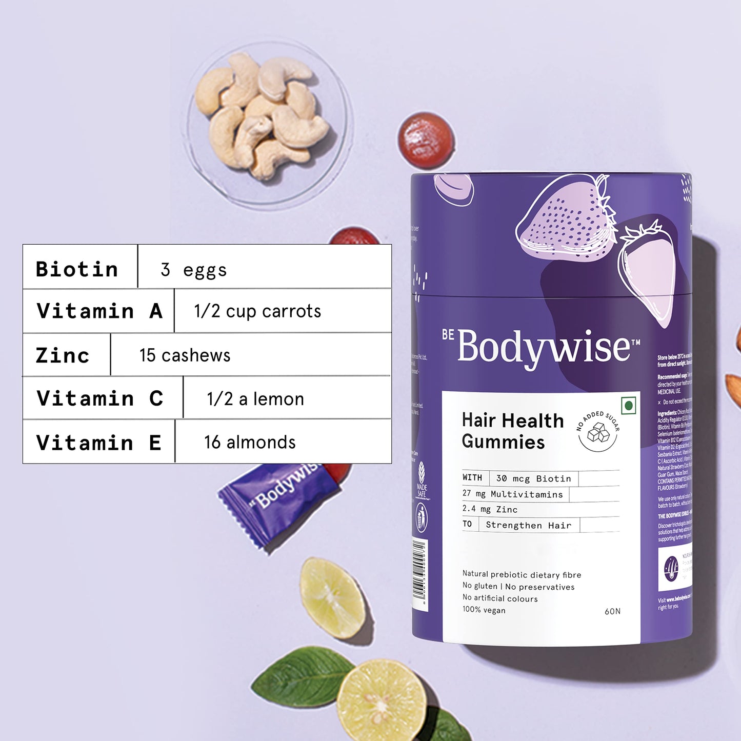 Bodywise Biotin Hair Gummies | Individually Wrapped | Biotin 10000mcg Supplement | Formulated for Women | Vegan, No Added Sugar | 1 Month Pack