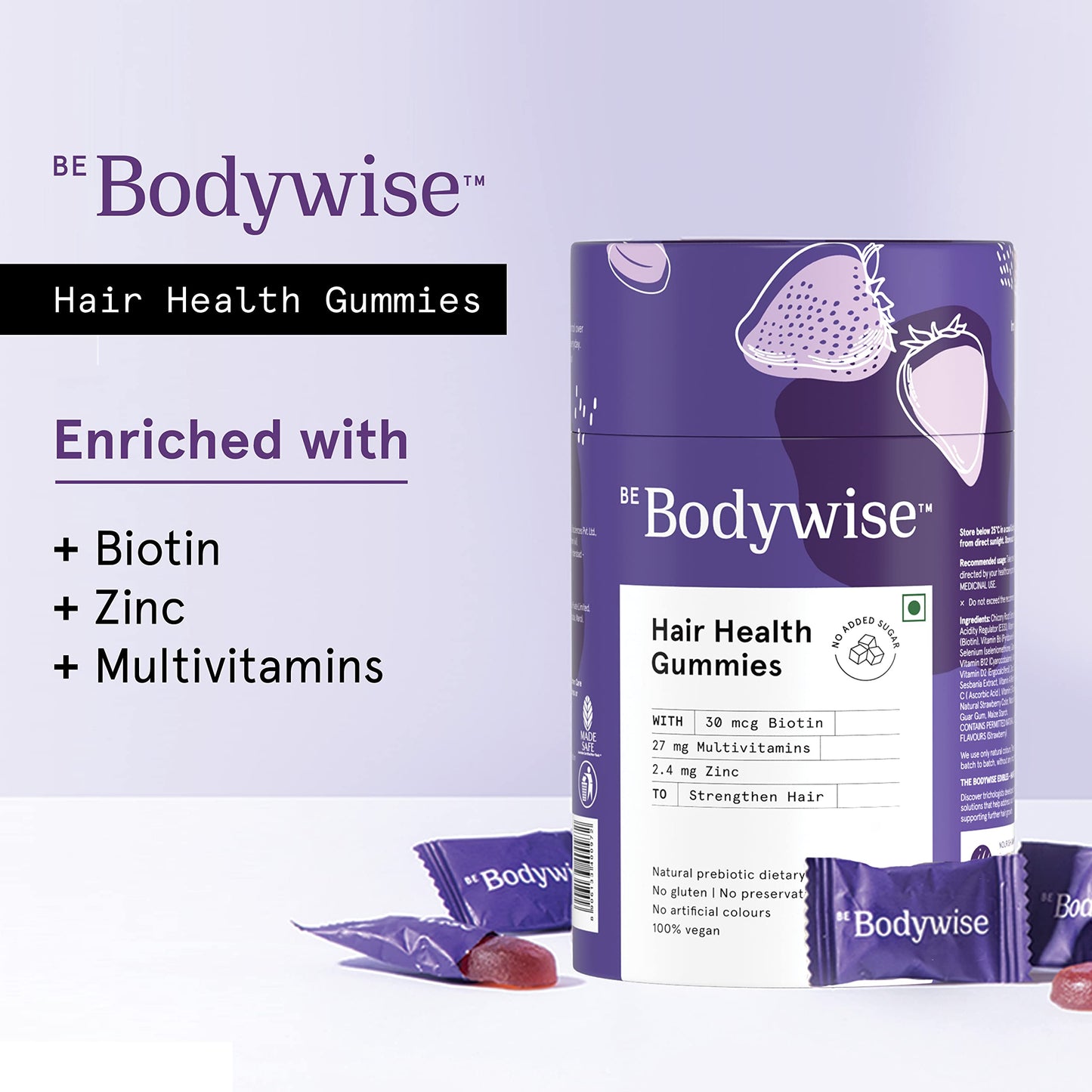 Bodywise Biotin Hair Gummies | Individually Wrapped | Biotin 10000mcg Supplement | Formulated for Women | Vegan, No Added Sugar | 1 Month Pack