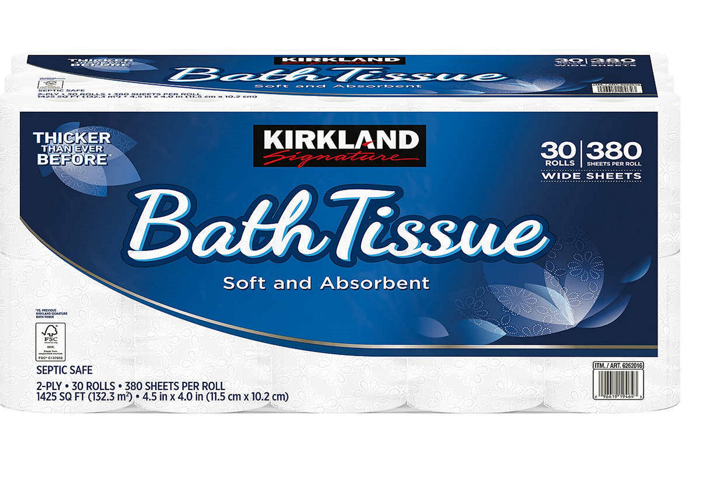 Kirkland Signature Ultra Soft Bath 2-Ply Tissue 4.5" x 4.0", 30 Rolls (380 Sheets per Roll)