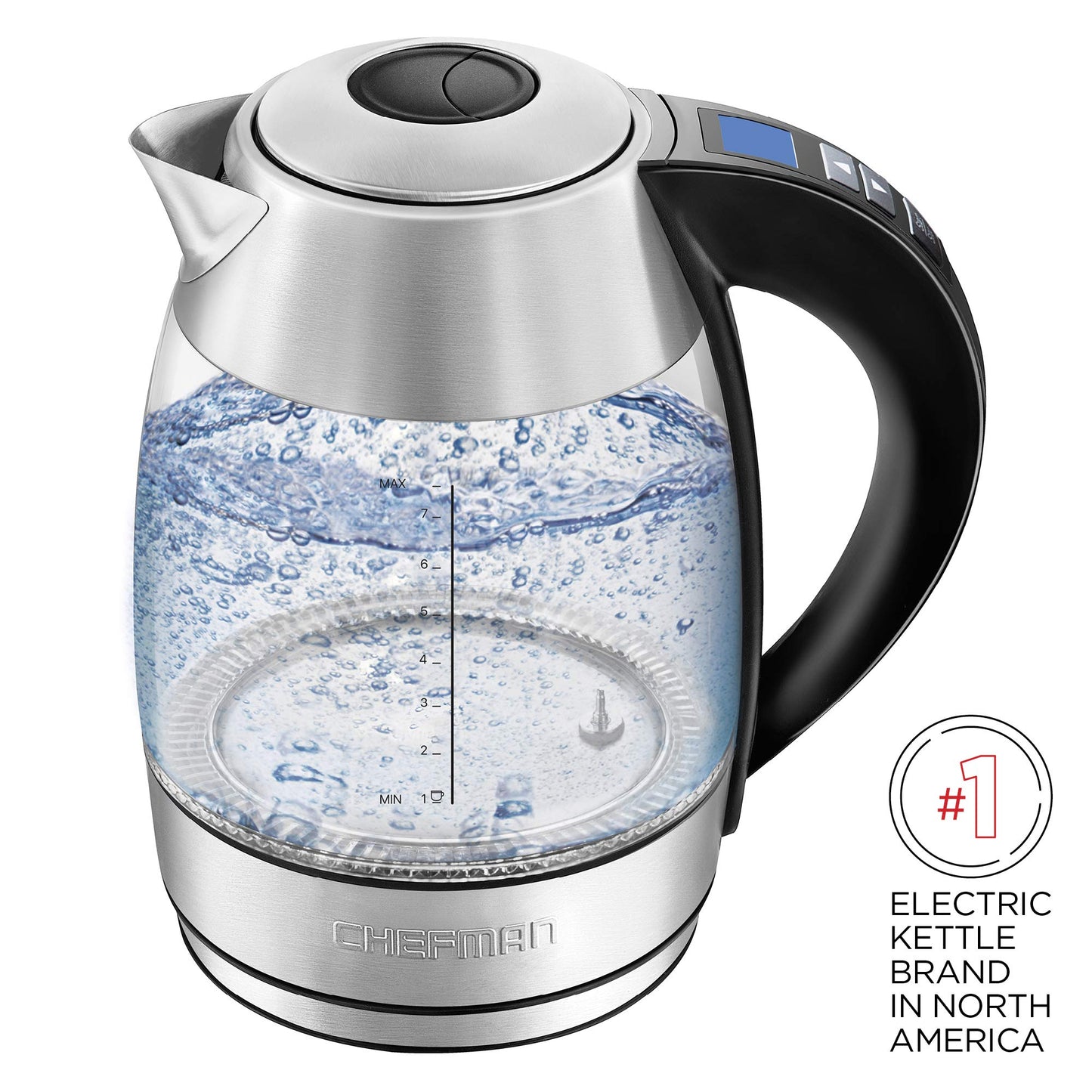 Chefman 1.8L Digital Electric Glass Kettle+ w/ Rapid-Boiling & 7 Presets for Precise Temperature, Stainless Steel Tea Infuser Included, Advanced Digital Control
