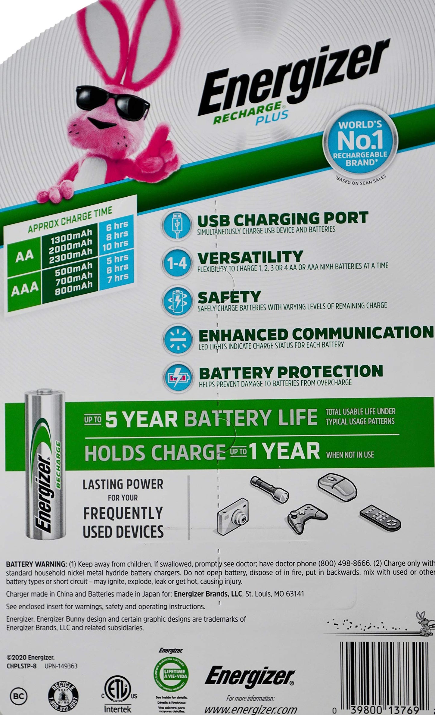 Energizer Recharge Plus USB Charger for NiMH Rechargeable 4-AA & 4-AAA Batteries