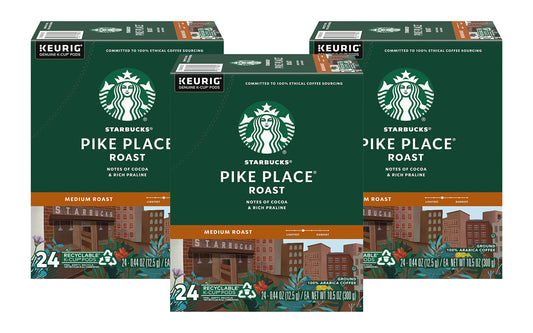Starbucks Coffee K-Cup Pods, Pike Place Roast, Medium Roast Coffee, Notes of Cocoa & Rich Praline, Keurig Genuine K-Cup Pods, 24 CT K-Cups/Box (Pack of 3 Boxes)